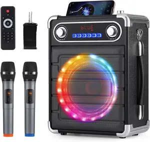 Dazone Karaoke Machine with 2 Wireless Microphones, Portable Bass/Treble Bluetooth Speaker with LED Light, Support TWS, AUX in, FM, PA System with Remote Control, Supply for Party/Adults/Kids