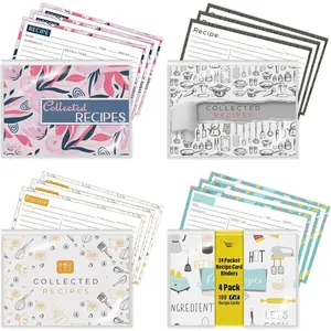 24 Pocket Mini Recipe Card Books with 100 4 x 6 Recipe Cards, 4 Pack with 4 Assorted Designs (25 Cards per Design), 4 Recipe Book Sleeves + 100 Recipe Cards