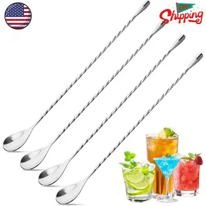 4Pcs Cocktail Spoon Long Handle Bar Spoon - 12" Metal Spoons Drink Mixers