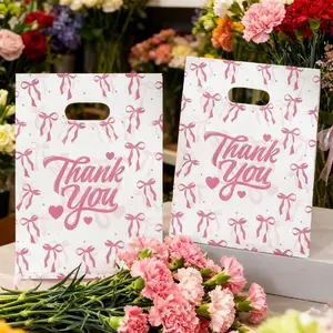 100pcs Plastic Merchandise Bags, Bow Packaging Bag, Gift Bag, Gift Wrapping Supplies, Gift Package with Die-Cut Handles, Shopping Retail Premium Bags - Printed Thank You