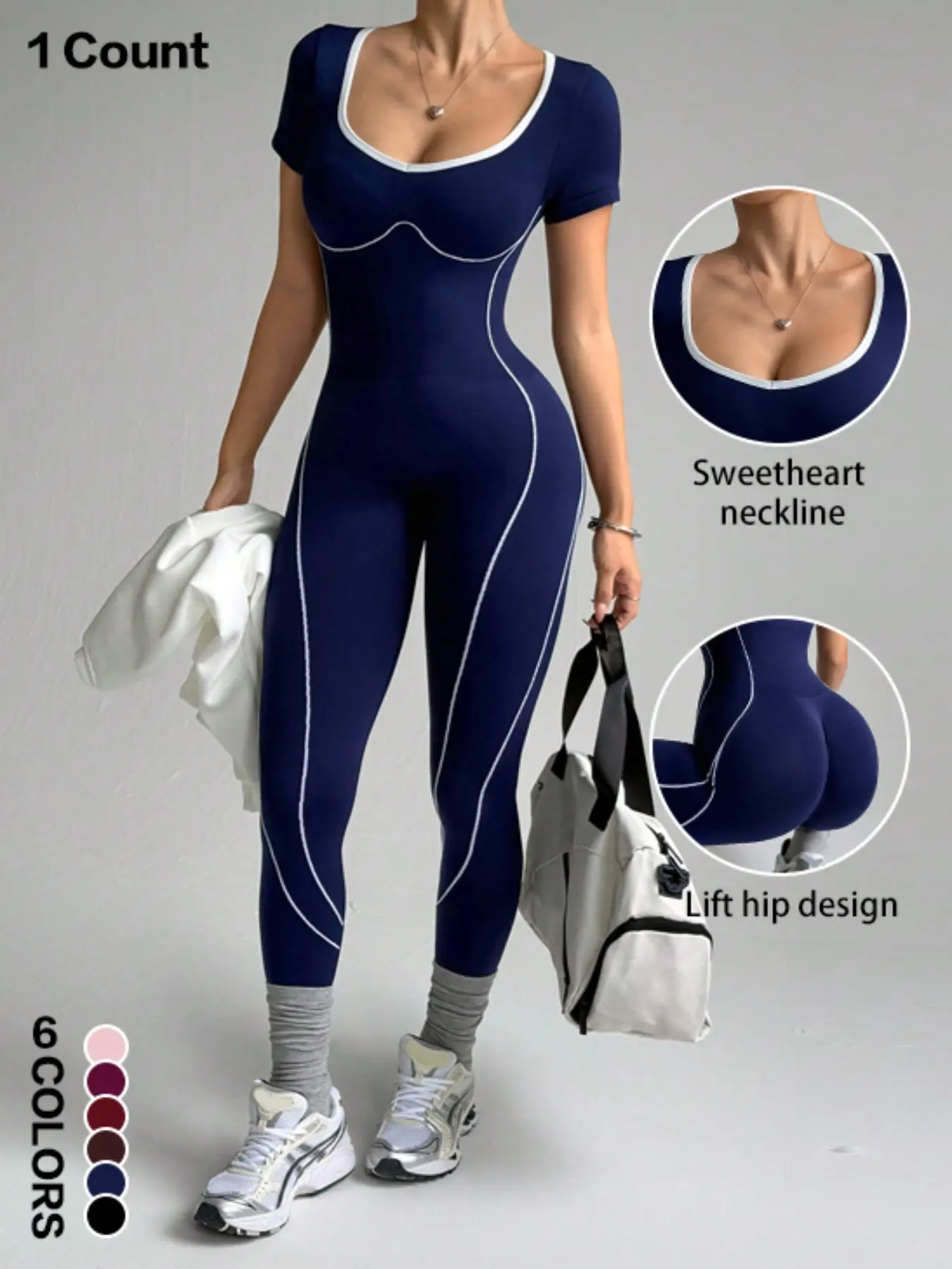 Women's Spring Summer Colorblock U-Neck Back Letter Trim Short Sleeve Yoga Tight Fitting Jumpsuit, Sport Jumpsuits, High Stretch Knit Running Fitness Pants, Sporty Jumpsuit, Fitted Jumpsuit