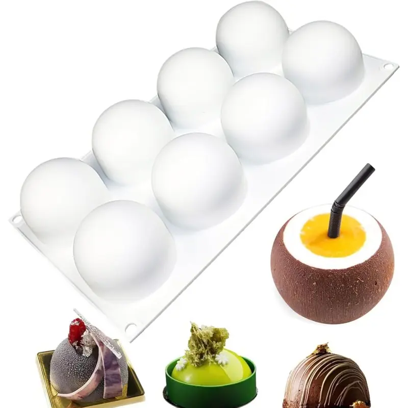 8-Cavity Ball Mousse Mold White, Easy Release Round Sandwich Chocolate Mold, Silicone Baking Mold, Molds for baking, Cake Mold, Suitable for Pudding, Jelly, Can Be Used in Weddings, Summer Parties, Outdoor Gatherings, 1pc