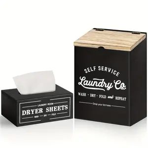 Magnetic Lint Bin And Dryer Sheet Holder Set For Laundry Room, Wooden Trash Can With Lid For Dryer, Farmhouse Lint Holder And Dryer Sheet Dispenser Box Magnetic For Laundry Room Organization And Decor