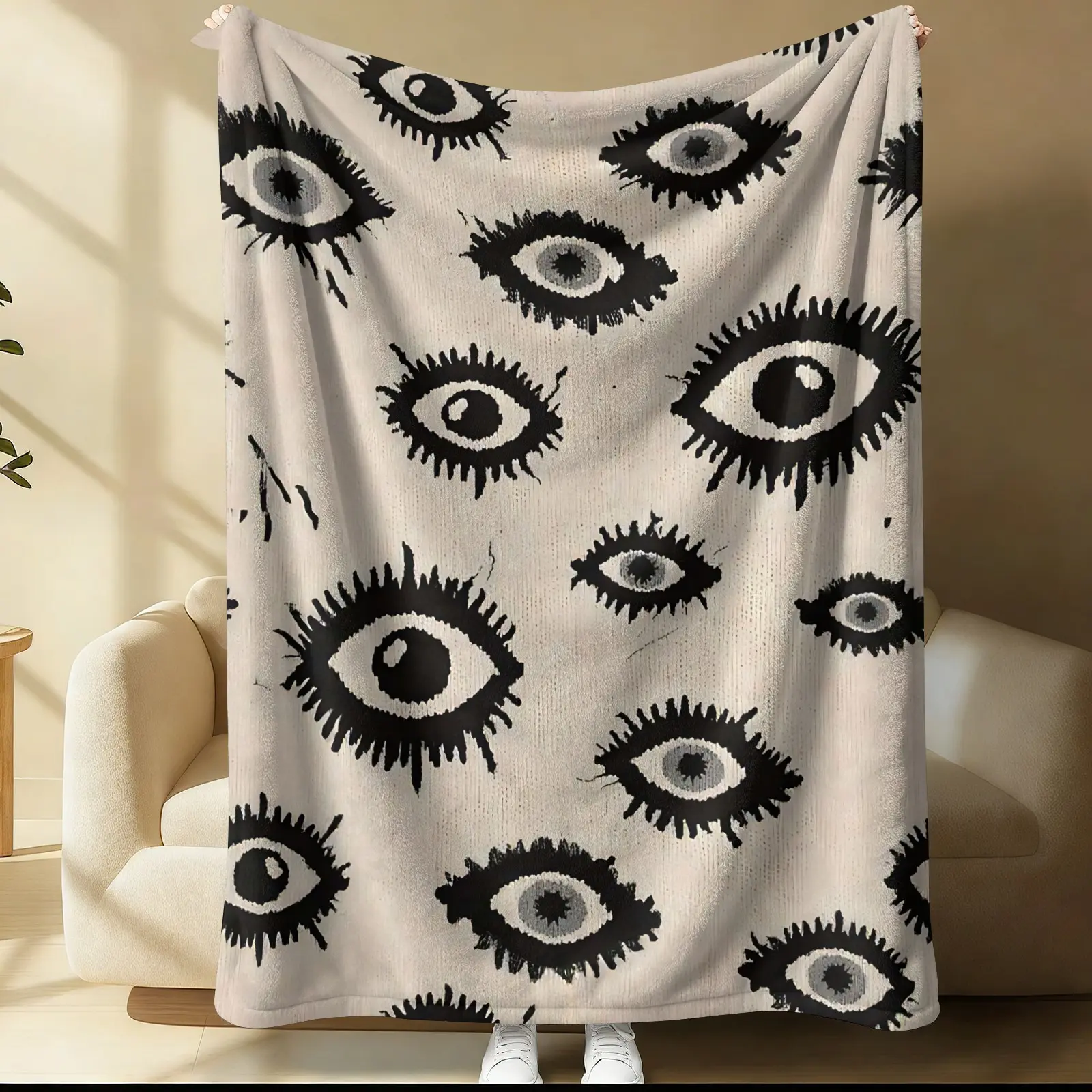 Vintage Black & White Eye Pattern Print Flannel Blanket, Quirky Artistic Collage Throw Blanket, Cozy Soft Warm Blanket for Bed & Couch, Eclectic Boho Gift Blanket for Art Lovers & Retro Style Enthusiasts