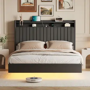 Queen Size Floating Bed Frame with RGB LED Lights and Storage Headboard Upholstered Platform Bed Frame with Charging Station 50inches Tall Headboard Leather Bed Frame Queen Size No Box Spring Needed Black