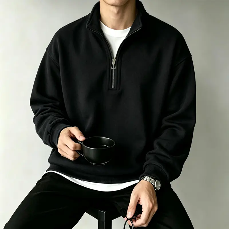Men’s stand collar quarter-zip fleece sweatshirt, thick, skin-friendly fleece lining pullover top, loose solid-color basic casual sweatshirt, a warm, versatile piece for autumn and winter. fall clothes male clothing style trendy outerwear hoodies men