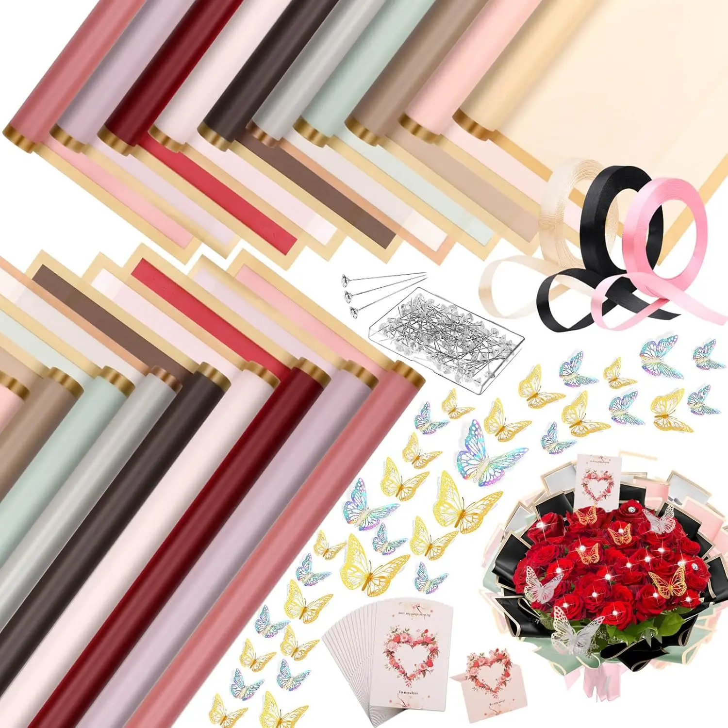 Translucent Synthetic Golden Border Flower Wrapping Paper 187-Piece DIY Bouquet Kit (40 Floral Papers, 24 Butterflies, 100 Bouquet Pins, 3 Ribbons, 20 Greeting Cards) for Graduation, Household Party Use with Manufacturer Warranty