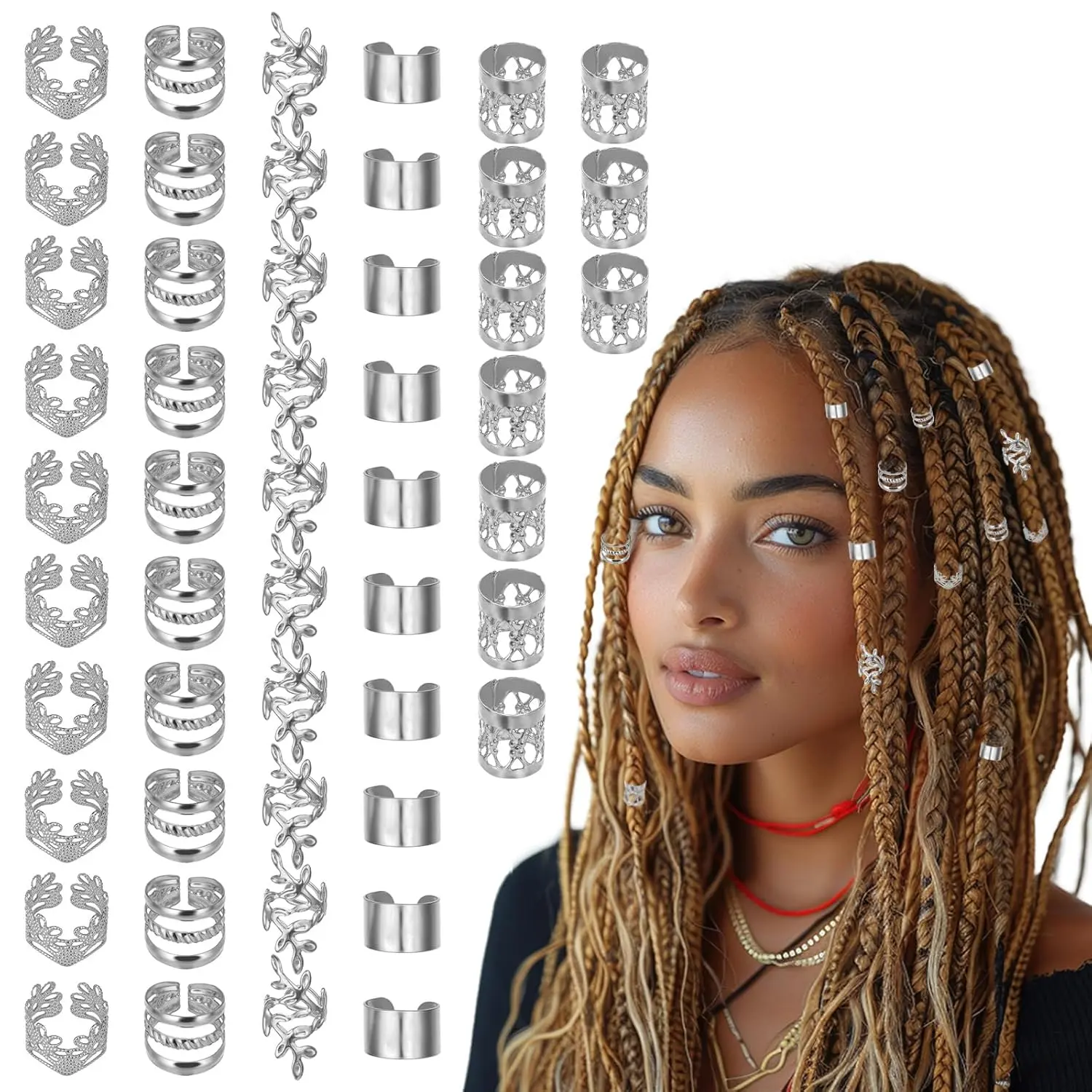 50PCS Silver Hair Jewelry for Braids Accessories Loc Jewelry for Hair Dreadlocks Adjustable Hair Rings Hair Cuff Hair Charms Braid Jewelry Hair Beads Decorations for Men Women(Silver)