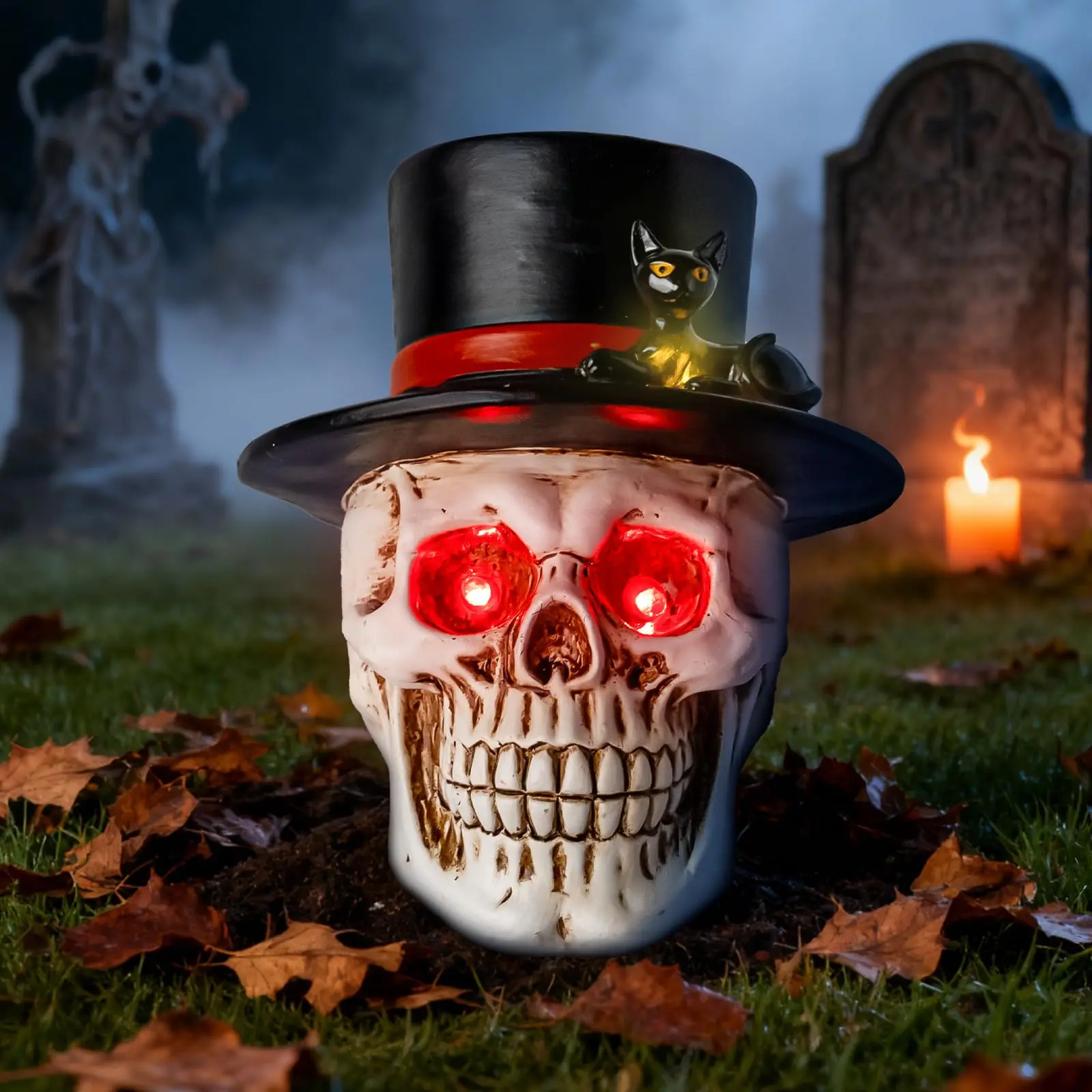 Halloween Skull Decorations Outdoor Solar Light, Spooky Red Eyes Skull Figurine with Hat & Black Cat Halloween Skull Head, Life Size Resin Skull, Skulls Halloween Decor for Yard,Lawn,Party,Garden & Graveyard