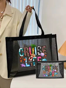2pcs Large-Capacity Mesh Bag Set – “Cruise Life” Printed Mesh Beach Tote & Mesh Cosmetic Bag; Foldable Waterproof Sandproof Swim Bag with Letter Decor, Women’s Shoulder Tote for Beach, Travel, Makeup Storage & Personalized Gift, Beach Bags