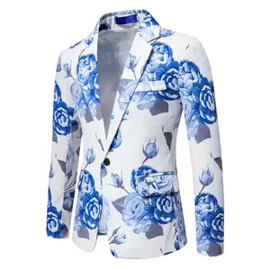 1pc Men'S Floral Print Blazer - Casual Polyester Suit Jacket with Lapel Collar, Woven Non-Stretch Fabric, Skinny Fit for Fall/Winter