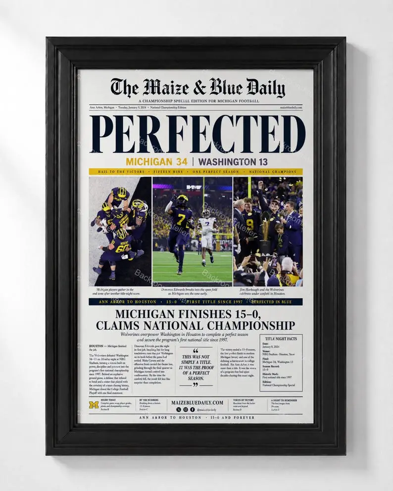 2024 Michigan Wolverines PERFECTED National Championship Newspaper Poster, 15-0 Football Wall Art