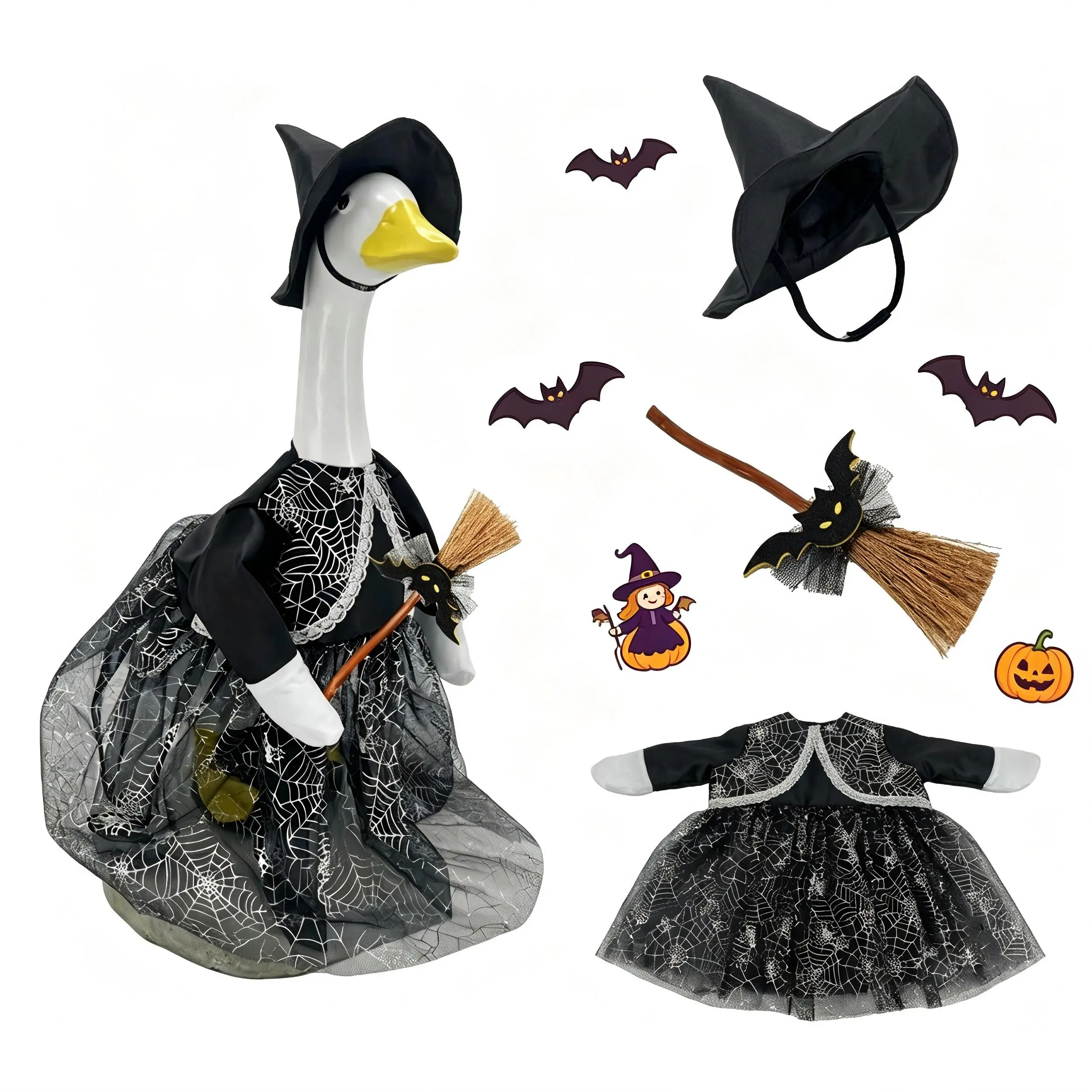 23-Inch Halloween Gothic Witch Porch Goose Costume Set, Polyester Spider Web Lace Tulle Dress with Witch Hat, Bat Broom, Sturdy Spooky Lightweight Garden Statue Prop for Fall Yd Decoration, Holiday Gift (Toys & Hobbies DIY Specialty Supplies), Props, Kit