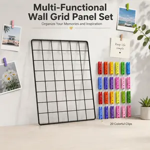 This multi-functional wall grid panel set comes with 20 colorful clips for photo display and memory organization, suitable for bedroom and dormitory decor.