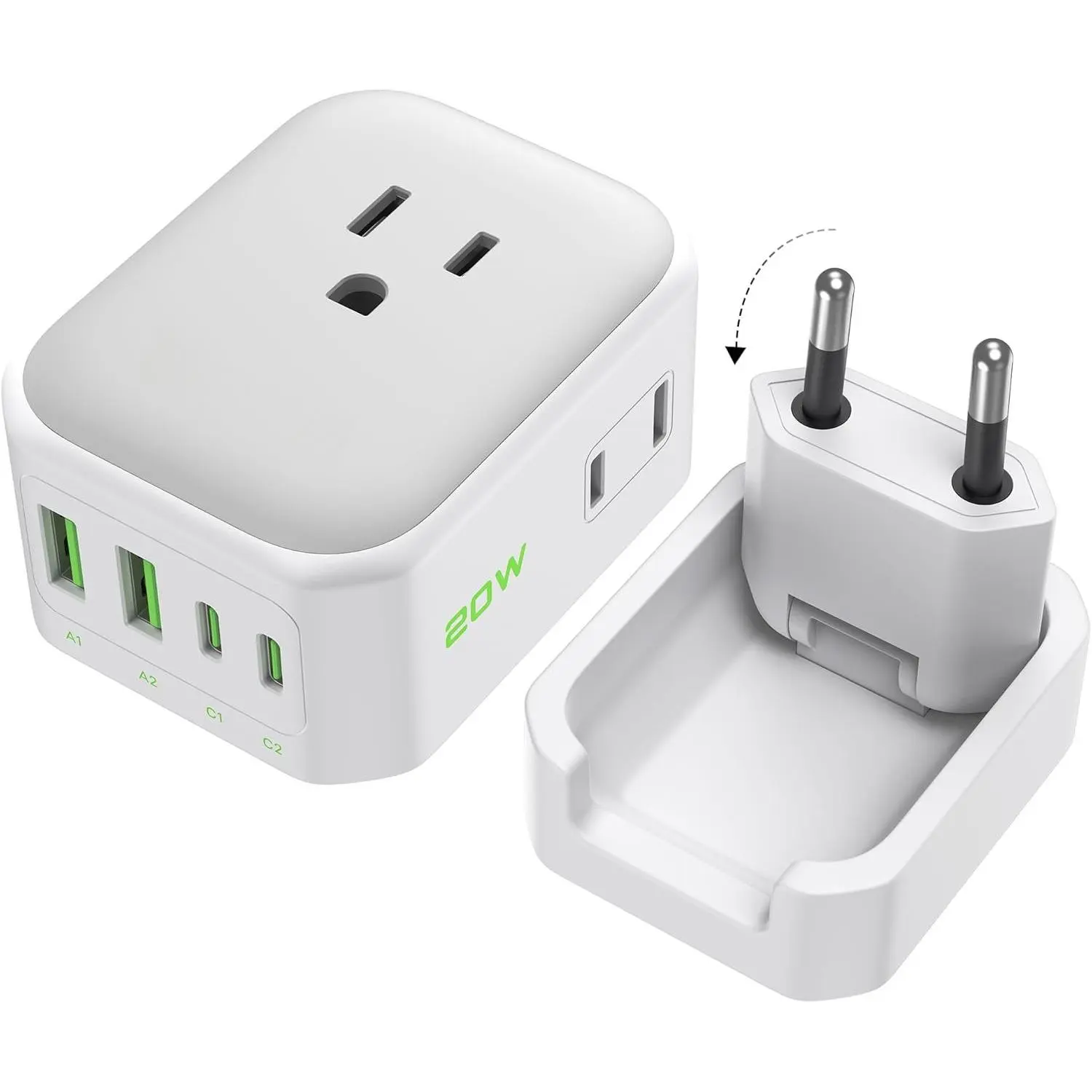 8-in-1 Design European Travel Plug Adapter - Foldable Prong, Detachable EU Type C Wall Outlet Extender with 8 Outlets, 4 Ports (2 USB-C PD 20W Fast, 1 USB Quickcharge), Universal Socket, 100-240V Safe, White for Everyday Use