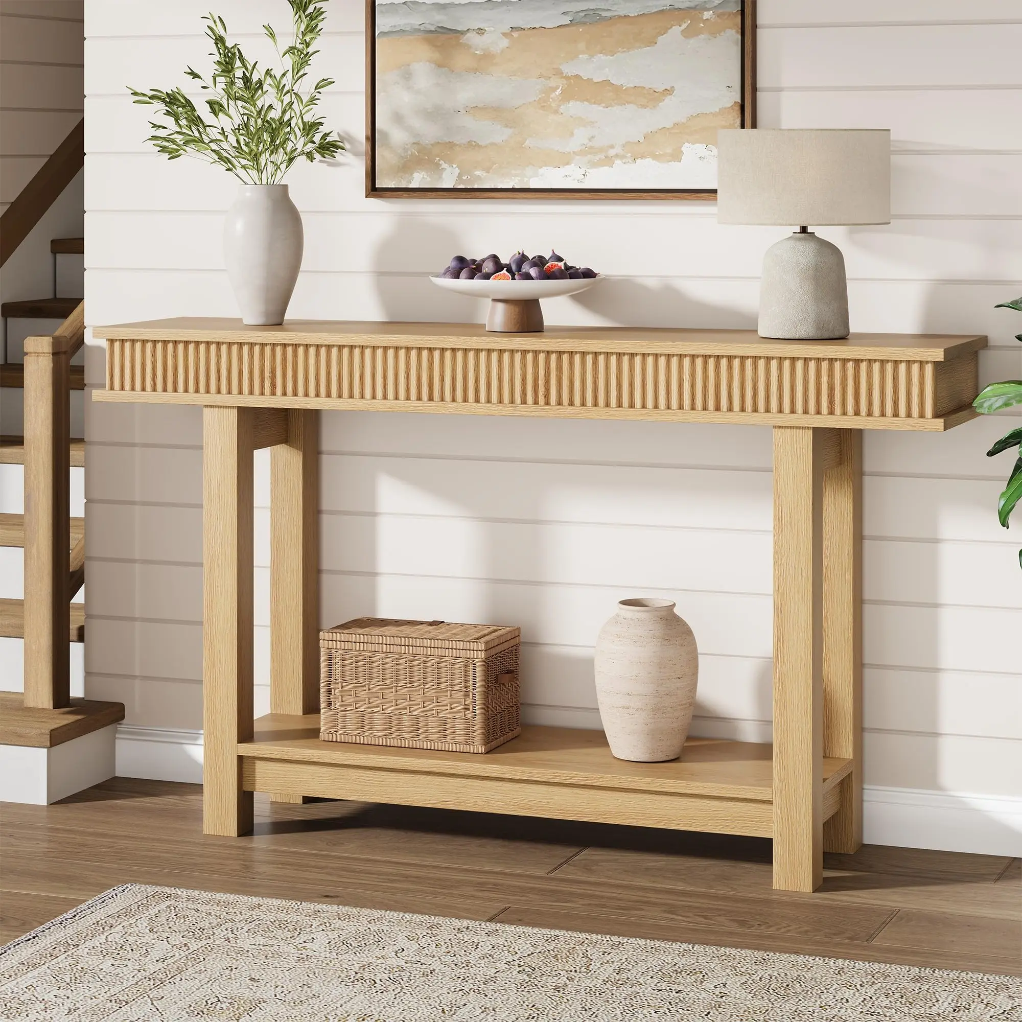 YJ-Garvee Farmhouse Fluted Console Table, 2 Tier Wooden Entryway Table with Shelf Storage, Rectangular Narrow Sofa Table Behind Couch, Entry Table Foyer Hallway Table for Entrance, Hallway, Living Room