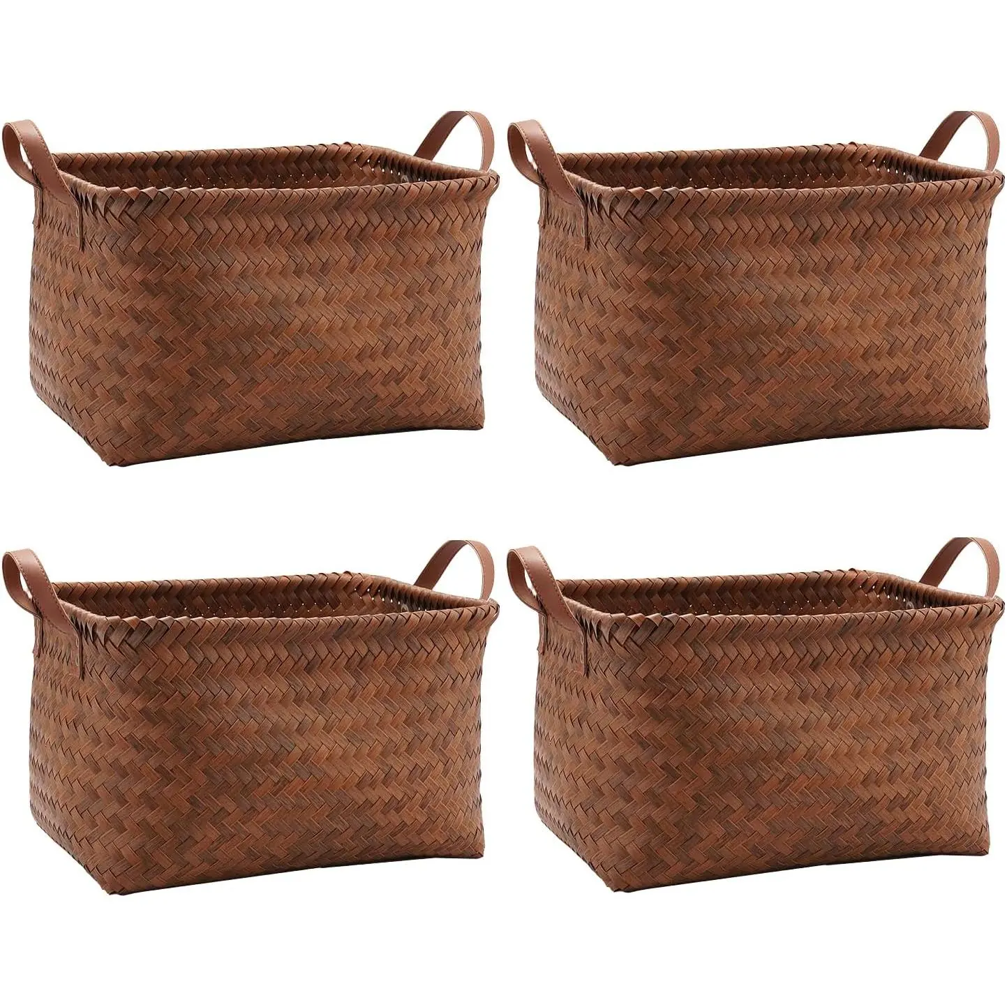 Wicker Storage Baskets for Shelves with Handles, Handwoven Rectangular Storage Basket for Blankets Clothes, Laundry Closet Storage Bins Bedroom Bathroom Organizers, Brown, 4 Pack