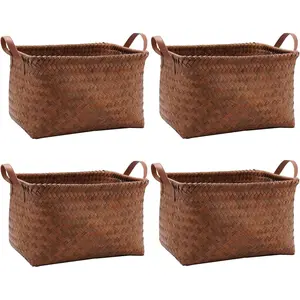 Large Wicker Storage Baskets for Shelves with Handles, Handwoven Rectangular Storage Basket for Blankets Clothes, Laundry Closet Storage Bins Bedroom Bathroom Organizers, Brown, 4 Pack
