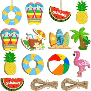 Wooden Summer Tree Decor Set 27pcs, DIY Unfinished Wooden Beach Hanging Ornaments, Watermelon Surfboard Slippers Coconut Tree Home Decoration
