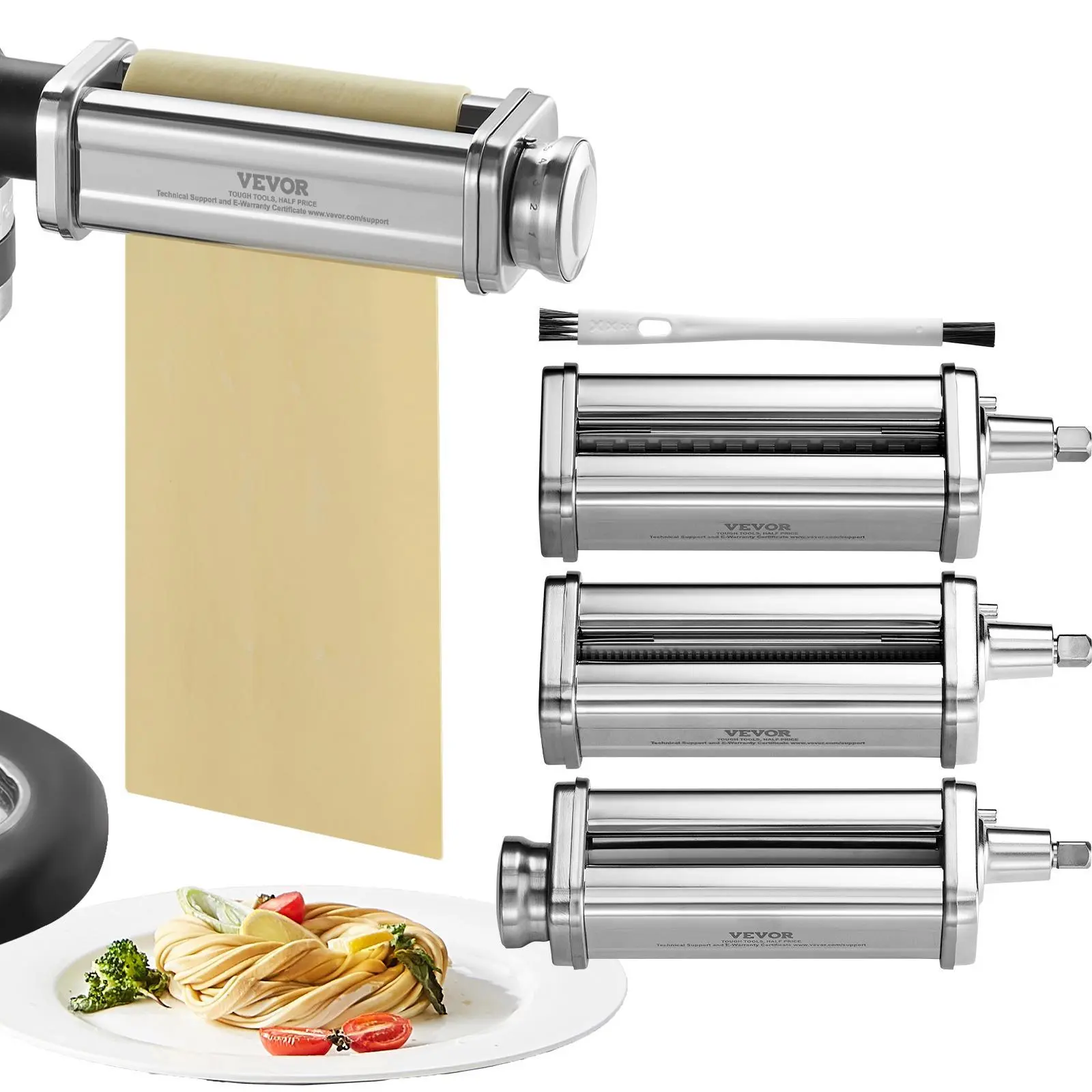 【Summerfinds】VEVOR Pasta Attachment for KitchenAid Stand Mixer Stainless Steel Pasta Roller Cutter Set Including Pasta Sheet RollerSpaghetti and Fettuccine Cutter8 Adjustable Thickness Knob Pasta Maker3Pcs