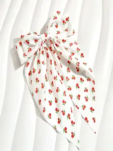 Strawberry and Cherry Print Bow Hair Clip, Back-of-Head Hair Accessory, Festive Holiday Party Hair Accessory
