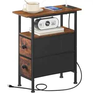 HOOBRO Narrow End Table with Charging Station - 2 Fabric Drawers, Skinny Nightstand Cabinet, Slim Storage Bedside Table for Living Room, Small Spaces, Rustic Brown and Black  #SummerVibes, Small Entryway Table, Modern Furniture