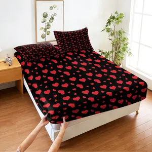 Heart-patterned Fitted Sheet Set,Includes 1 Fitted Sheet & 2 Pillowcases without Filler,skin-friendly Fitted Sheet Set For Bedrooms,comfortable And Soft Bedroom Bedding