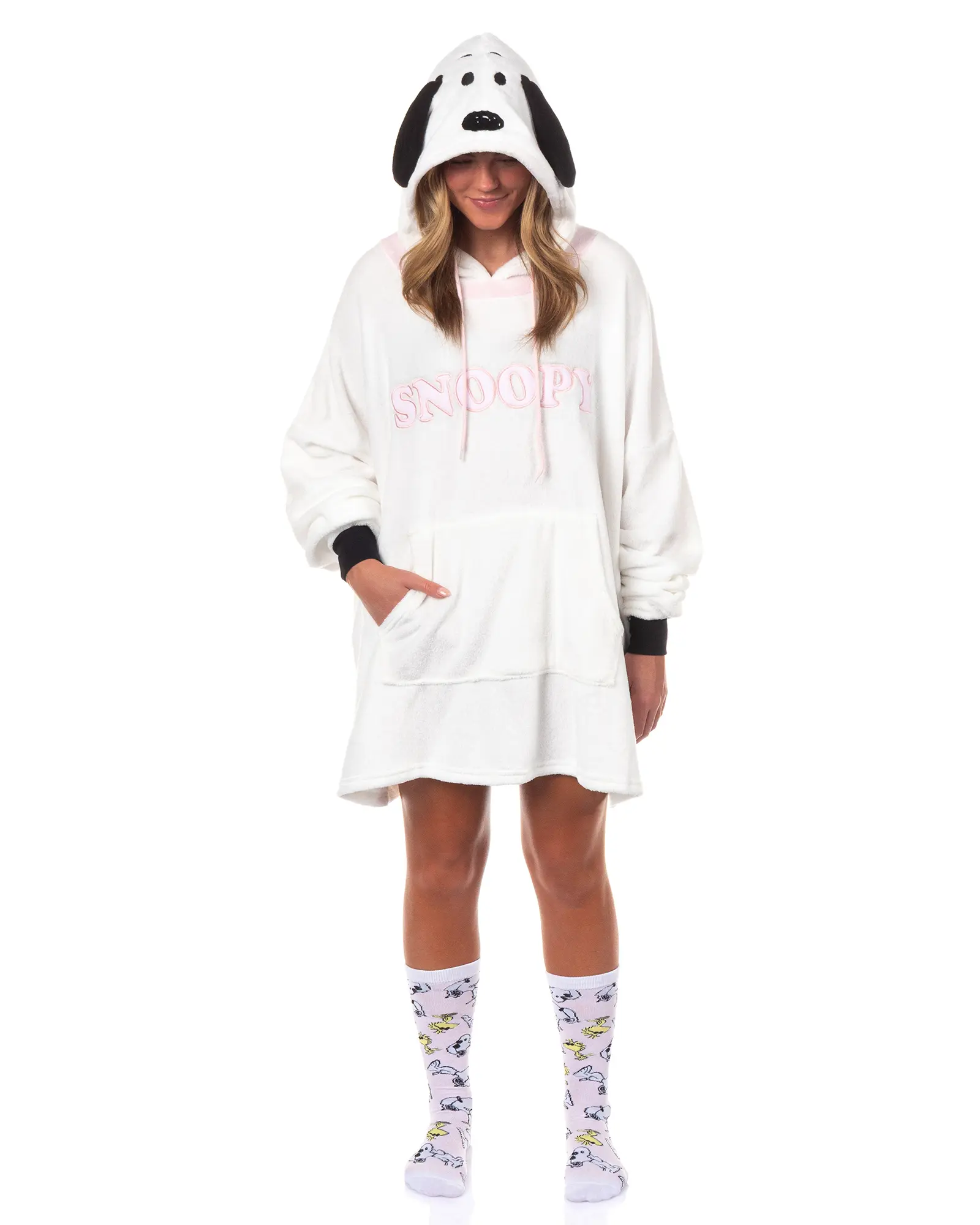 Peanuts Snoopy Pajamas Women's Pullover Hooded Adult Plush Dorm Sleep Shirt, White, Tops