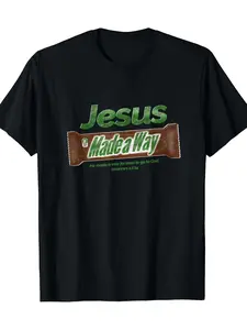 Men'S Is The Way Christian Graphic T-Shirt - gsm Heavyweight Tee with Candy Bar Design & John : Scripture, Black with Lettering & Red Cross - Casual Round Neck Short Sleeve Church Apparel, All-Season Fit, Machine Washable Faith-Based Clo