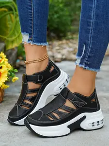 Women's Hollow Out Wedge Heel Thick Sole Invisible Height Increase Velcro Sports Casual Shoes, Comfortable and Stylish Footwear for Daily Wear