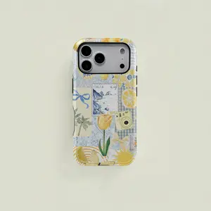 This lightweight and stylish 2-in-1 phone case features a refreshing lemon and sunflower mosaic pattern in yellow and blue watercolor style. It's durable and compatible with iPhone 17/16/15/14/13/12/11 Pro Max/Plus/Pro and Samsung Galaxy S25/S24/S23 Ultra
