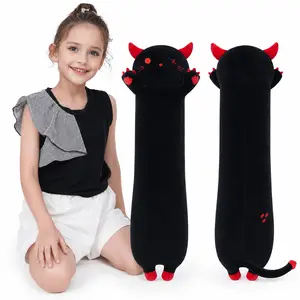 CHUBBYJOY Long Devil Cat Plush Pillow, 20Inch Black Red Cat Body Pillow, Spooky Cute Devil Stuffed Animal with Horns, Tail, Paw Details, Soft Gothic Plush Toy for Halloween Bedroom Decor