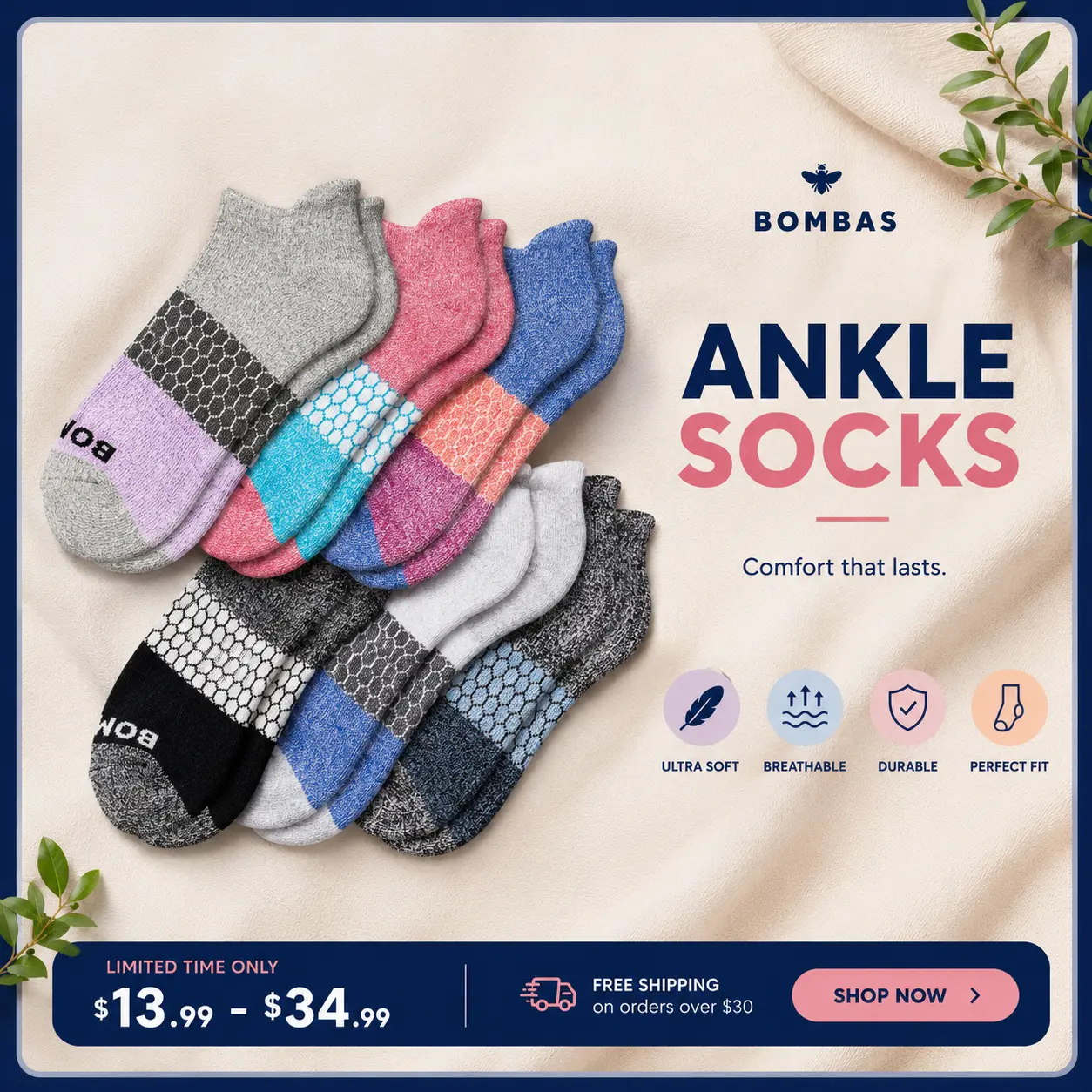 Pack 1/3/5 Bombas Ankle Socks, Cushioned Footbed & Honeycomb Arch Support, Seamless Toe, Blister Tab, Soft Cotton Blend, Size S, M, L, Women's Men's Daily wear