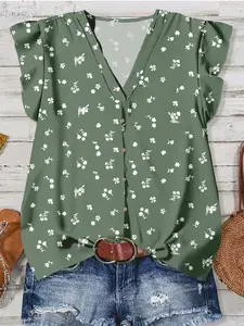 Women's Casual Chic Floral Pattern V-Neck Top, Summer Women's V-Neck Blouse, Fashionable Loose-Fitting Women's Clothing, Ladies' Stylish Tops, Womenswear