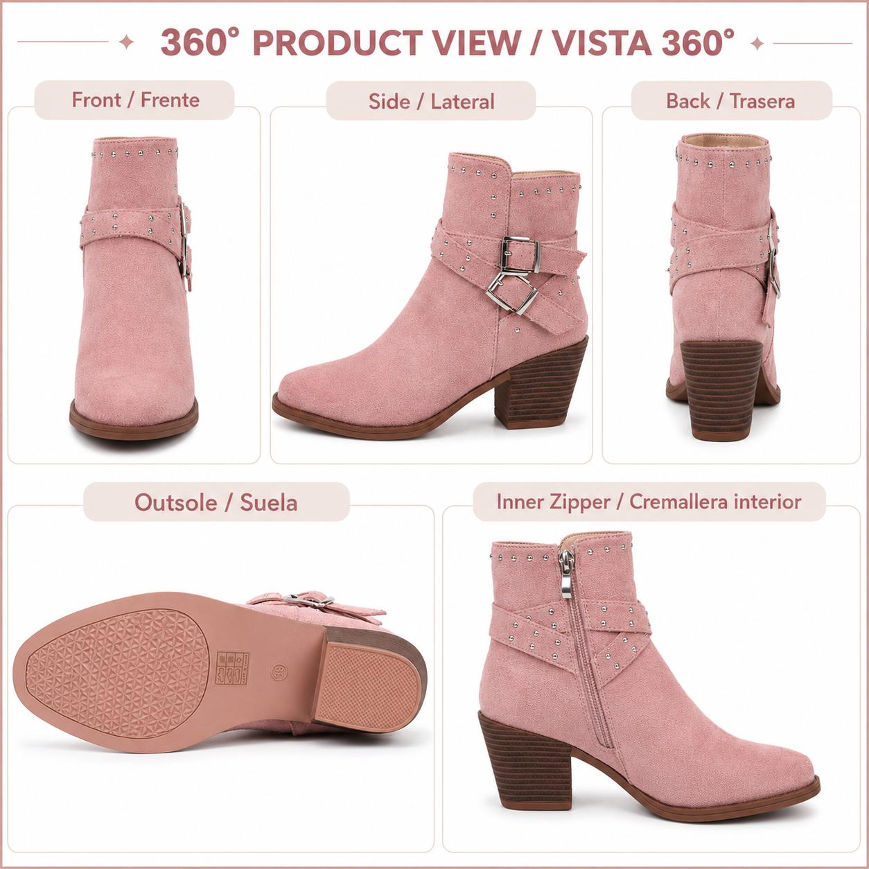 Women's Studded Rivet Detail Suede Ankle Booties, Chunky Stacked Block Heel, Pointed Toe, Inner Side Buckle Strap, Zip Closure, Western Street Boots for Fall-Winter - Pink, Stacked Heel