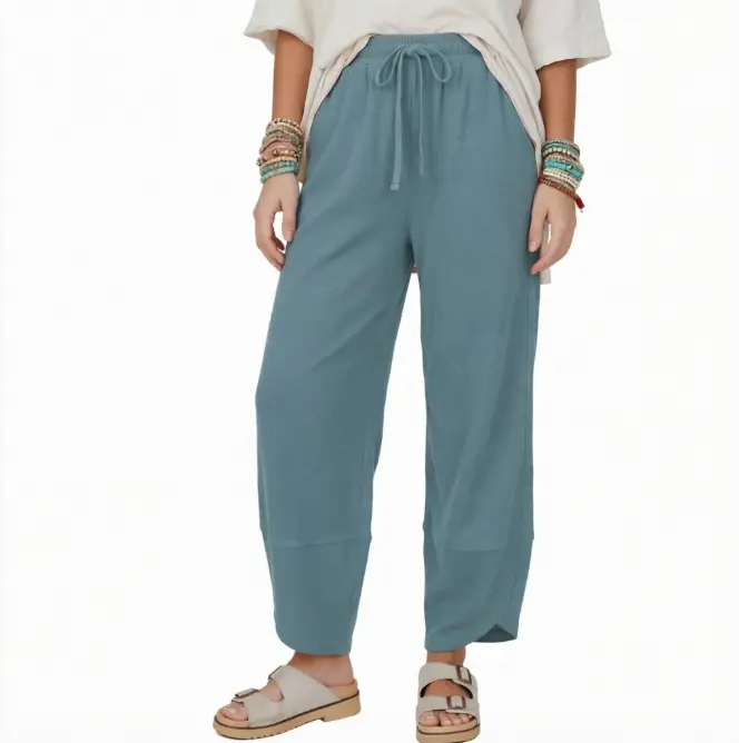 SeeLuNa Women's Casual All-Season Baggy Low Rise Wide-Leg Cropped Loose-Fit Pocketed Pants with Elastic Waistband, Rolled Hem - Womenswear, Baggy Low Rise Wide Leg Pants, Comfy Pants, Wide Elastic Pants Bottom Harem Style Basic