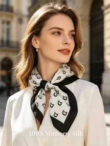 1PC 70*70cm Square Modern Geometric Silk Neck Scarf, Classic White Black Letter D Monogram Print with Black Satin Border 100% Mulberry Silk Lightweight Scarf, Versatile Fashion Accessory for Daily Commute, Travel, Hiking, Gym & Summer Beach