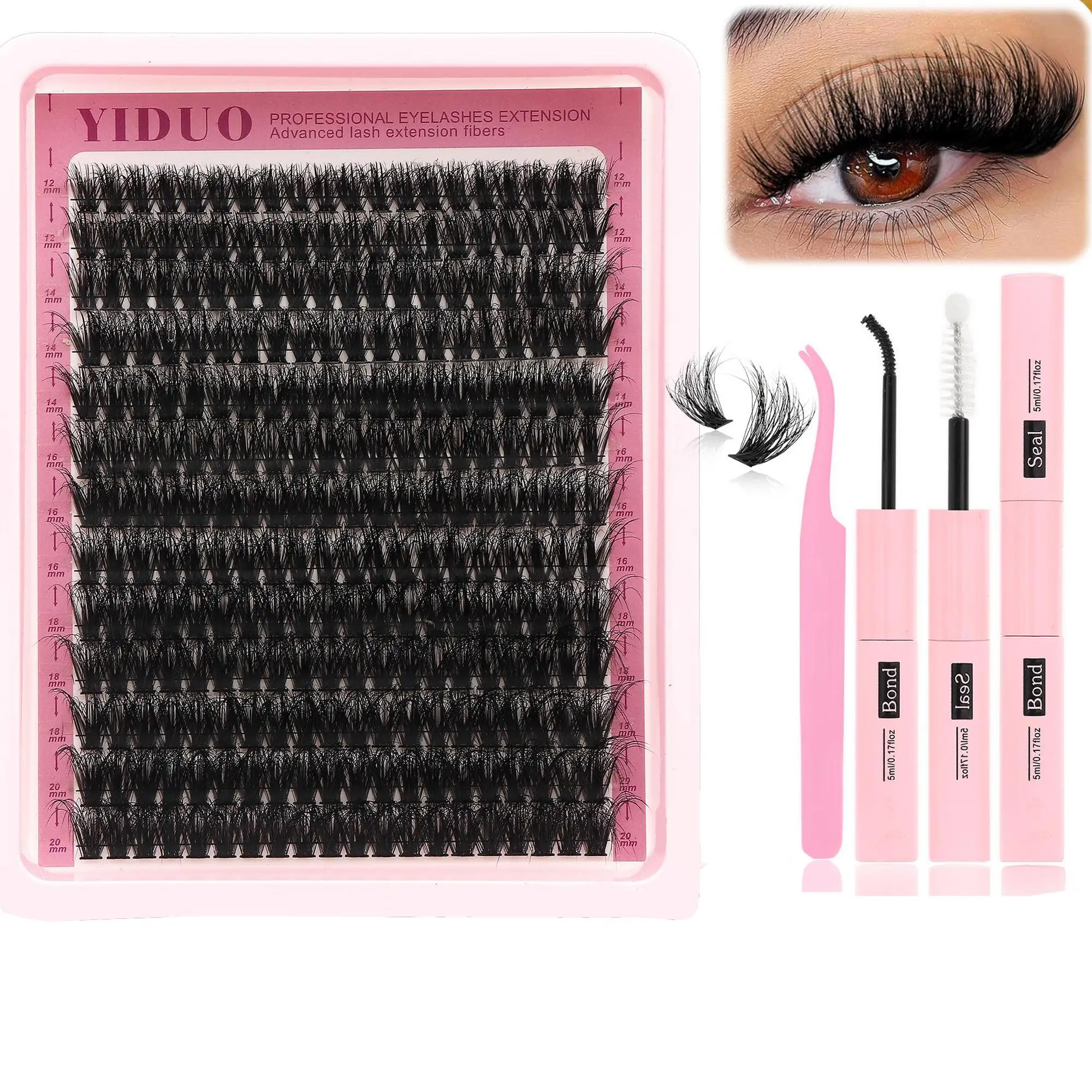 Natural Look Eyelash Extensions, 12-20mm Volume Individual False Eyelashes with Lash Glue & Lash Tweezers, Self Grafting Eyelash Clusters, Eye Makeup