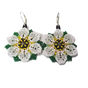 Sunflower Beaded White  Color Earrings with Green Accents and Yellow Center Beads for Festive Wear