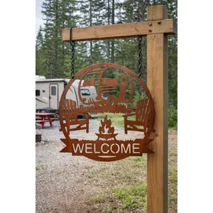 Camping Welcome Sign - Personalizable Rustic Metal Sign for Campsite RV or Backyard Retreat - Durable and Charming Outdoor Greeting