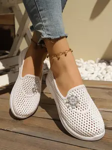 Women's Casual Breathable Slip-On Shoes, Thick Sole Rubber Bottom, Anti-Slip Flat Shoes, Spring & Fall Fashion, Solid Pattern