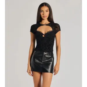 Alluring Velvet Flocked Sheer Mesh Cutout Top