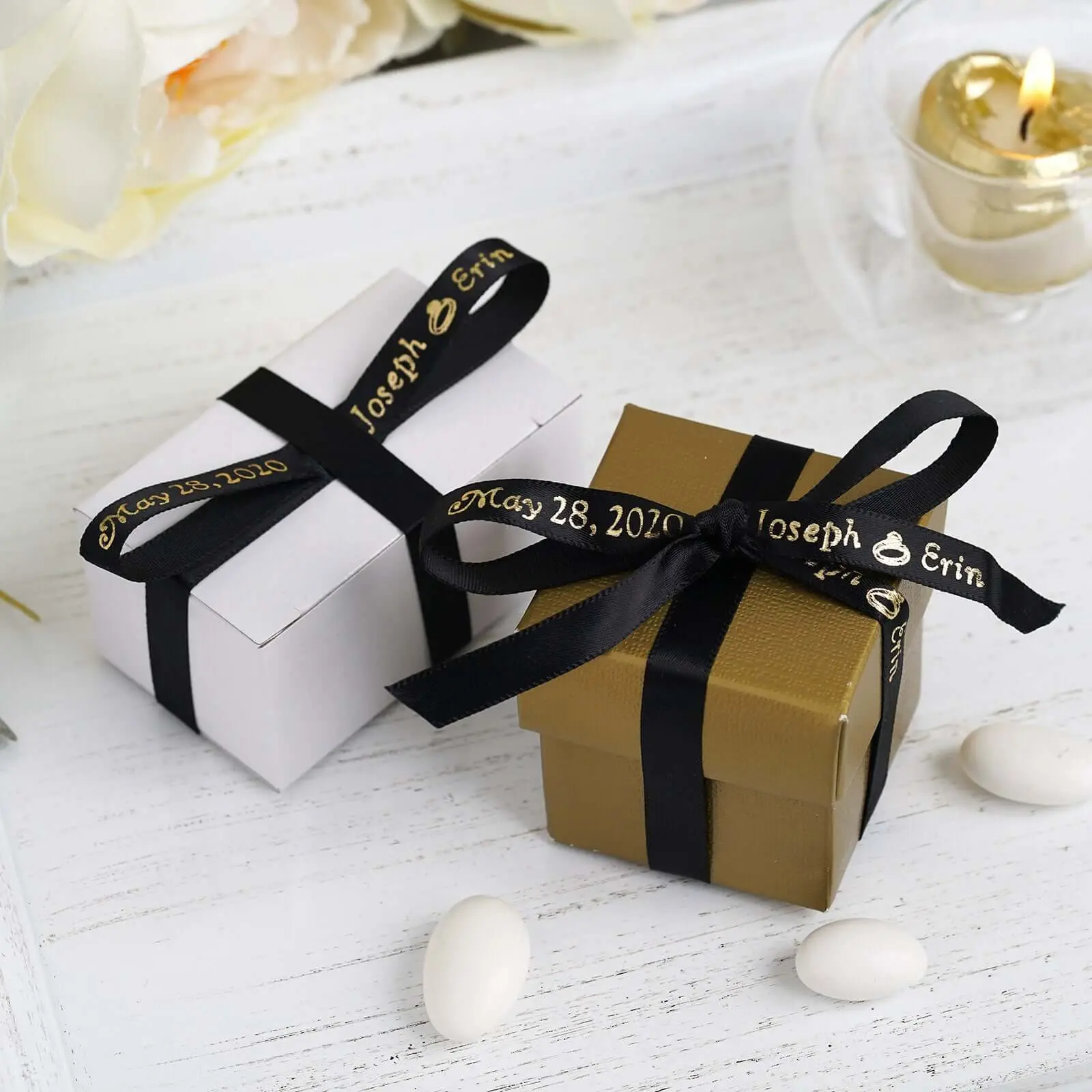 100 Pack Personalized Custom Ribbon (3/8" Width) for Wedding Favors, Elegant Packaging, Wedding Gift Ideas, Tie Knots, Meaningful Gifts, Hot Foil Print Office Wrapping Supplies
