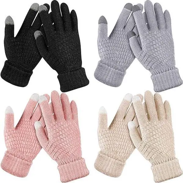 Women's Knitted Gloves, 4 Pairs Warm Chenille Fleece-Lined, Touchscreen Compatible with Elastic Cuffs for Skiing & Daily Wear