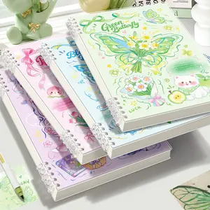 Cute butterfly notebook, Planner notebook, Spiral notebook journal, thick pages spiral binding, high capacity school notebook, suitable for note-taking, planning, dreamy light color and black and pink design, suitable for girls and students