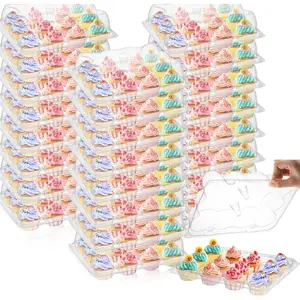 24 Pack Mini Cupcake Containers, 12-Count Plastic Cupcake Carrier, Stackable Cupcake Box with Detachable Secure High Top Lid, Disposable Cupcake Holder Tray, Muffin Packaging Transporter To Go