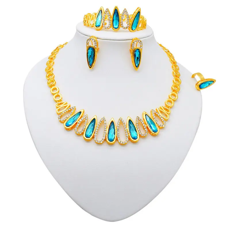 Women's Elegant Fashion European Gold-Plated Matching Jewelry Set - Alloy Black Colored Diamond & Rhinestone Pendant Necklace, Drop Earrings, Bracelet, Ring for Daily Wear, Wedding Gifts