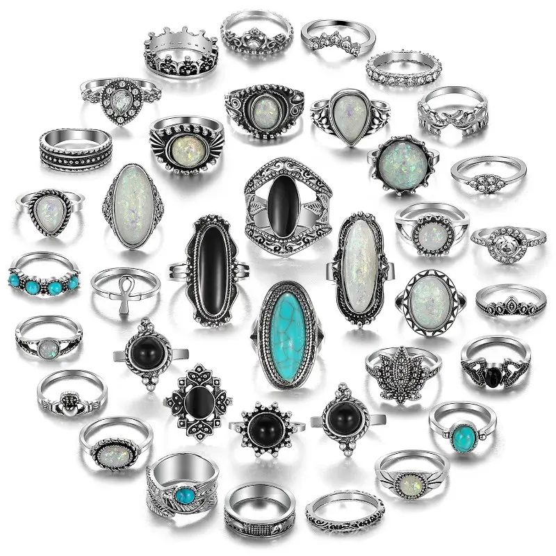 Unisex 38-Piece Vintage Silver Knuckle Ring Set - Adjustable, Nickel-Free, Chunky Style Gothic Antique Alternative Artistic Rings with Turquoise, Sun Face, Boho Designs for Men's Fashion Accessories, Vintage Rings