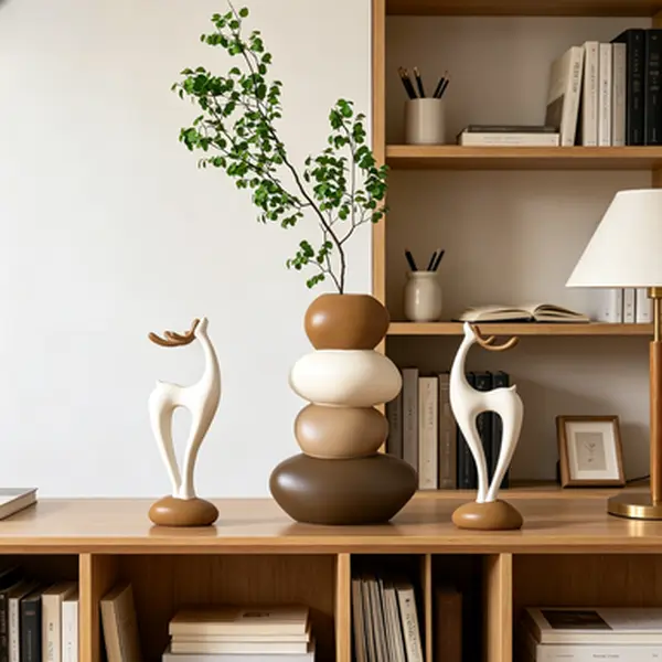 Neutral Resin Tabletop Decor Set, Stacked Stone Fortune Vase + Pair Abstract Deer Statues, Minimalist Modern Farmhouse Coffee Table Mantel Shelf Decor Ornaments for Living Room Entryway Fireplace