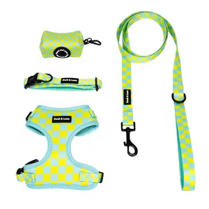 Duck & Luca 4-Piece Pet Bundle - Retro Lime Checkerboard Design for Dogs - Includes Harness, Leash, Collar, and Poop Bag